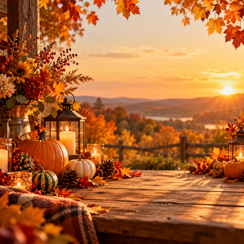 Autumn harvest table with pumpkins and lanterns at sunset
