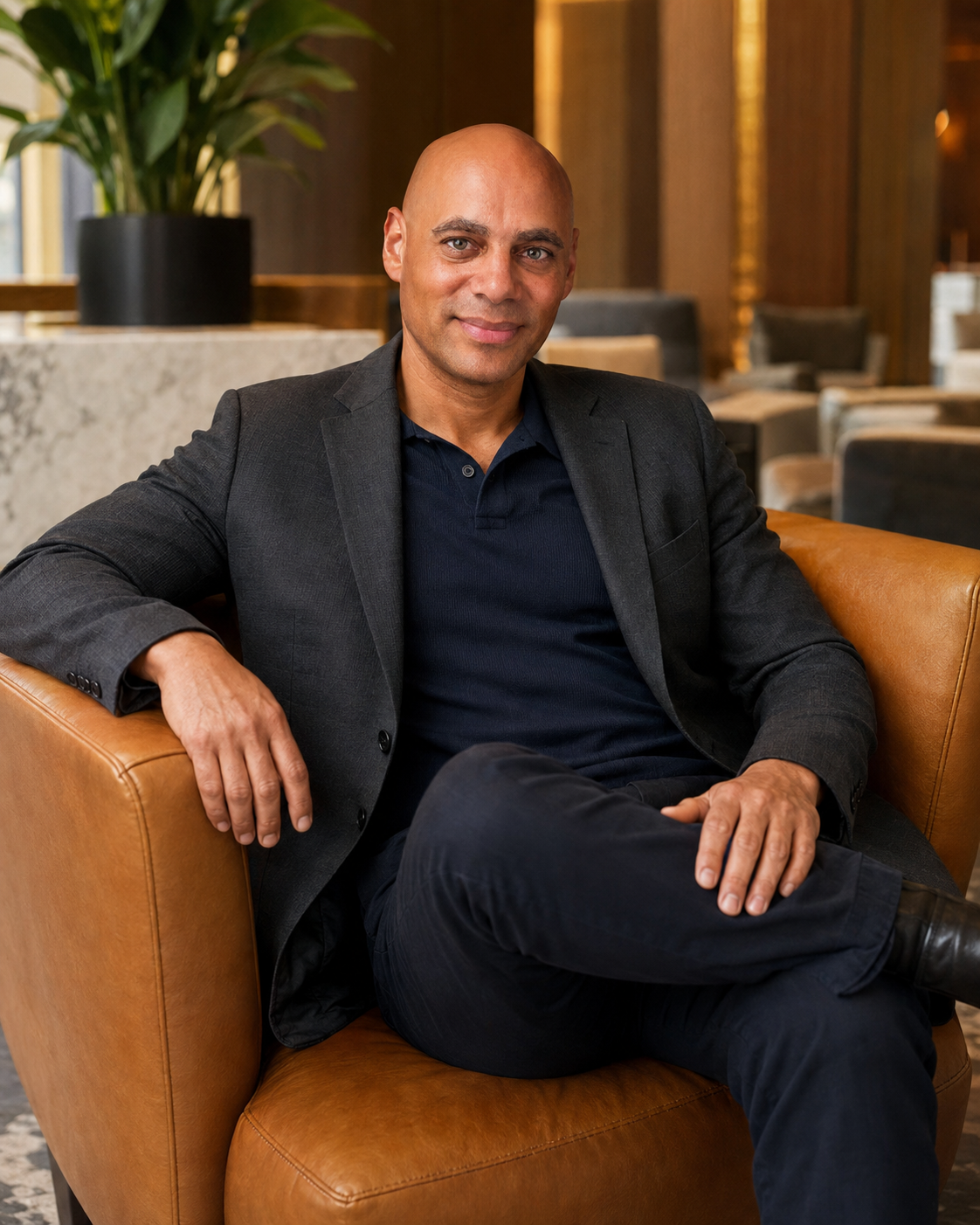 Jeff, the Office Dad Recruiter, seated in a leather lobby chair